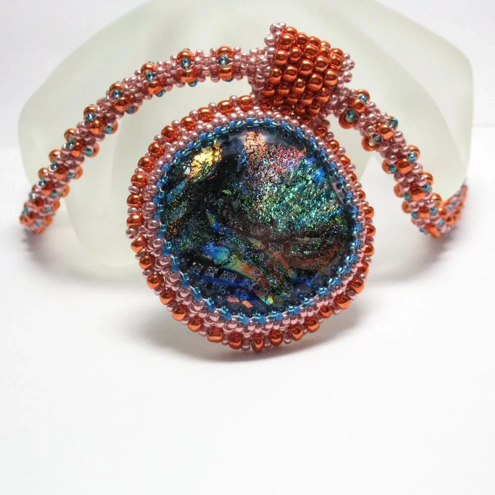Handwoven Dichroic glass pendant with necklace
